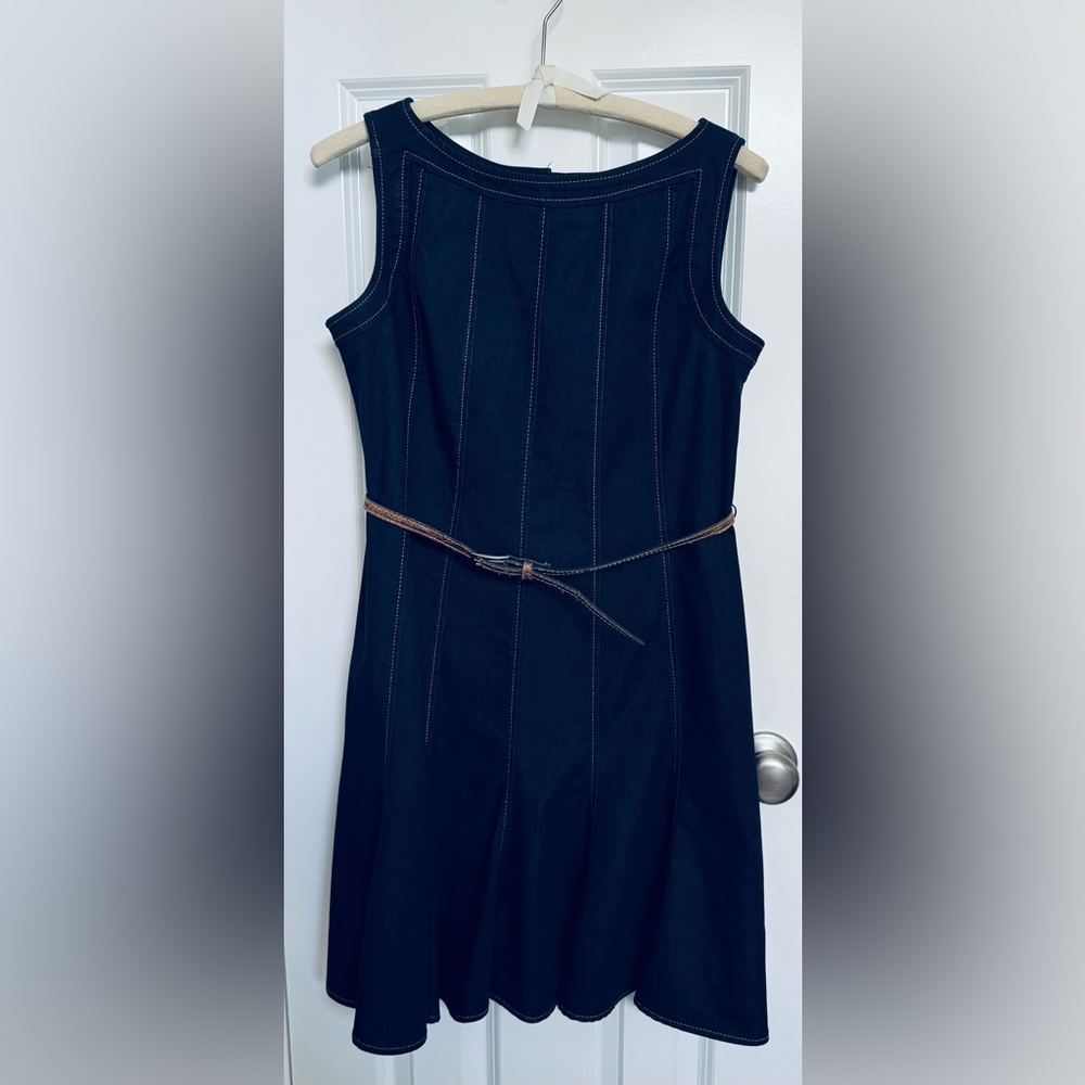 Sandra Darren Dark Blue Denim Dress with Tan Belt